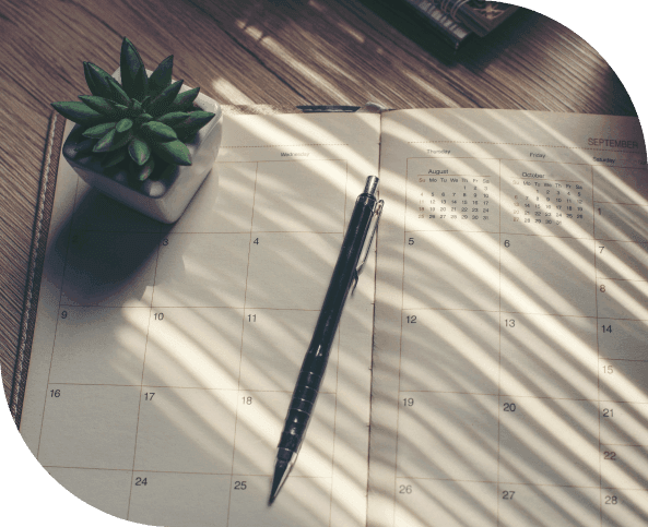 Planner with pen and plant on desk – Symbolizing planning, organization, and habit building with a life coach for lasting habits.