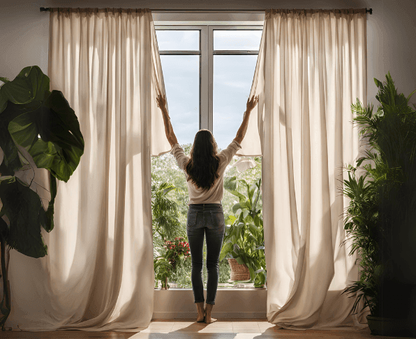 Woman opening curtains to bright day – Life coach for lasting habits helping clients embrace change and start fresh.